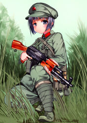  1girl assault_rifle bayonet boots closed_mouth collar_tabs collared_shirt combat_boots commentary commentary_request full_body grass green_boots green_hat green_pants green_shirt green_theme gun hat highres kalashnikov_rifle load_bearing_equipment long_sleeves mao_cap mao_suit military military_uniform nature original outdoors pants people's_liberation_army purple_hair puttee red_star rifle samazuka_mashiro shirt short_hair soldier solo star_(symbol) tall_grass third_indochina_war trigger_discipline type_56_assault_rifle violet_eyes weapon 