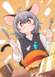  +_+ 1girl :t absurdres ahoge animal_ears beer_mug blush burger closed_mouth cola commentary_request commission cup egg_sandwich food fork fried_rice greenpiecerice grey_hair grey_vest highres holding holding_fork holding_knife jewelry knife long_sleeves mont_blanc_(food) mouse_ears mouse_girl mouse_tail mug nazrin necklace orange_background pendant red_eyes sandwich shirt short_hair skeb_commission smile soda solo tail touhou upper_body vest white_shirt 