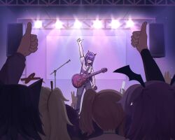  absurdres akuma_nihmune animal_ears arm_up boyal camila_(vtuber) character_request commentary concert crowd english_commentary glowstick grey_pants guitar head_wings highres holding holding_glowstick holding_microphone horns indie_virtual_youtuber instrument long_hair long_sleeves medium_hair microphone microphone_stand multiple_girls open_mouth pants purple_hair second-party_source shirt short_sleeves speaker stage_lights sweat thumbs_up twintails two_side_up virtual_youtuber white_shirt wings 