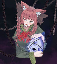  1girl animal_ear_fluff animal_ears black_background blush braid cat_ears cat_girl chain commentary flower highres holding holding_skull kaenbyou_rin kanaria_(bcomn) long_hair looking_at_viewer open_mouth red_eyes red_flower red_hair side_braids skull solo spider_lily touhou twin_braids upper_body variant_set 