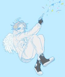  1boy aotsuki_eito blue_background bunting closed_mouth colored_lineart commentary confetti eyelashes fake_halo fake_wings full_body glasses gloves greyscale_with_colored_background gun hairband halo handgun hatching_(texture) highres holding holding_gun holding_weapon invisible_chair jacket linear_hatching long_sleeves male_focus pants shoes short_hair signature simple_background sitting smile sneakers solo spot_color sunodadada symbol-only_commentary tareme the_hundred_line_-last_defense_academy- weapon wings 