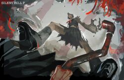  barley_juice black_serafuku black_shoes black_skirt bleeding blood blood_from_eyes blood_on_hands blood_on_weapon claws commentary different_reflection dual_persona english_commentary fighting_stance flower fox_hinako fox_mask highres holding holding_lead_pipe lead_pipe lower_body mask mismatched_arms monster_arm pov puddle reflection school_uniform serafuku shimizu_hinako shoes silent_hill_(series) silent_hill_f skirt spider_lily standing torn_clothes torn_sleeve weapon 