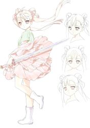  1girl absurdres bad_source boots chinese_clothes dress flower hair_flower hair_ornament hair_rings hanfu highres holding holding_sword holding_weapon long_hair multiple_views peach_blossom pink_eyes pink_hair shuangyaji simple_background sword twintails weapon white_background zhaoye_mimi 