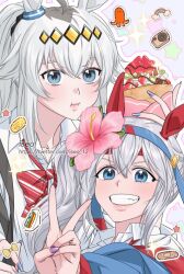  :i ahoge animal_ears artist_name blue_eyes blue_headband bow bow_sticker bowtie closed_mouth collared_shirt commentary_request ear_covers ear_ornament eating flower food fruit grey_hair hair_between_eyes hair_flower hair_ornament hairband headband horse_ears horse_girl iseo_12 jacket kiwi_(fruit) korean_commentary long_hair looking_at_viewer multicolored_hair oguri_cap_(umamusume) red_bow red_bowtie red_headband shirt sparkle star_(symbol) star_sticker sticker tamamo_cross_(umamusume) two-tone_hair two-tone_headband umamusume web_address white_shirt 