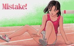  1990s_(style) 1girl archived_source arm_between_legs arm_support bare_arms bare_shoulders black_eyes black_hair breasts character_request commentary_request convenient_leg copyright_request cross-laced_shoes dithering english_text failure feet footwear_request full_body grass hurdle looking_to_the_side medium_hair no_socks on_ground one_eye_closed outdoors pc-98_(style) pink_shirt pixel_art retro_artstyle running_track shirt shoe_soles shoes short_shorts shorts sitting sleeveless sleeveless_shirt small_breasts solo spread_legs teiku_(take) title tongue tongue_out track_and_field white_shoes white_shorts 