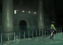  1girl backrooms_(creepypasta) black_hat black_shoes black_skirt blue_archive commentary dream_pool fence green_hair green_halo halo hat highres hikari_(blue_archive) indoors iron_fence liminal_space long_hair long_sleeves medama_soft morse_code_commentary pillar pointy_ears pool_ladder shoes skirt solo tile_floor tile_wall tiles walking water wide_shot 