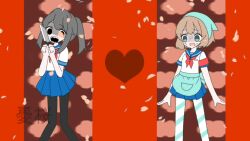  2girls amai_odayaka apron ayano_aishi blush brown_hair commentary_request drill_hair green_eyes long_hair mesmerizer_(vocaloid) multiple_girls open_mouth pantyhose parody school_uniform serafuku shirt short_hair smile yandere_simulator yuu_sakura_urara 