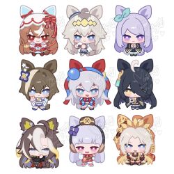  6+girls ahoge animal_ears aqua_bow ascot belt bikini bikini_shorts black_ascot black_coat black_gloves black_hair black_jacket black_pantyhose black_skirt black_thighhighs blue_bikini blue_eyes blue_hairband blue_jacket blue_sports_bra blue_swim_trunks blunt_bangs blush bow bowtie brown_hair brown_hat cheval_grand_(summer_calm_navy_drop)_(umamusume) cheval_grand_(umamusume) chibi chibi_only closed_mouth coat coffee coffee_mug collared_shirt crop_top cup dream_journey_(reminder_of_dreamland)_(umamusume) dream_journey_(umamusume) dress ear_bow ear_covers ear_ornament ear_ribbon ear_tag earrings eyemethyst fang food frilled_jacket frills frown gem glasses gloves gold_ship_(red_strife)_(umamusume) gold_ship_(umamusume) green_gemstone grey_hair grey_tail hair_between_eyes hair_ornament hairband hands_in_pockets hat headband heart heart_hair_ornament highres holding holding_cup holding_food horse_ears horse_girl horse_tail jacket jewelry lightning_bolt_print lightning_bolt_symbol long_bangs long_hair long_hair_between_eyes long_sleeves looking_at_viewer manhattan_cafe_(creeping_shadow)_(umamusume) manhattan_cafe_(umamusume) mejiro_mcqueen_(frontline_elegance)_(umamusume) mejiro_mcqueen_(umamusume) midriff mug multicolored_hair multiple_girls necktie official_alternate_hairstyle oguri_cap_(starlight_beat)_(umamusume) oguri_cap_(umamusume) onigiri open_mouth orange_hair orfevre_(control)_(umamusume) orfevre_(umamusume) pants pantyhose pillbox_hat pleated_skirt purple_hair red_belt red_bow red_bowtie red_dress red_eyes red_headband ribbon shirt shorts simple_background single_ear_cover single_earring skirt sleeveless sleeveless_dress smile sports_bra star_(symbol) star_hair_ornament still_in_love_(scarlet_vow_raiment)_(umamusume) still_in_love_(umamusume) streaked_hair striped_clothes striped_hairband swimsuit tail tamamo_cross_(umamusume) tamamo_cross_(with_lightning_speed)_(umamusume) thigh-highs thigh_strap thumbs_up two-tone_hair umamusume v veil very_long_hair violet_eyes white_background white_gloves white_hair white_jacket white_pants white_pantyhose white_shirt white_streaks white_veil yellow_eyes yellow_necktie 