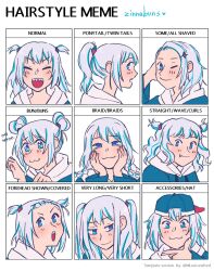  1girl :3 alternate_hair_length alternate_hairstyle artist_name asymmetrical_hair baseball_cap blue_eyes blue_hair blue_hat blush braid closed_eyes closed_mouth commentary double_bun english_commentary english_text fingernails forehead from_side gawr_gura gawr_gura_(1st_costume) hair_bun hair_ornament hand_on_own_head hands_on_own_face hat highres hololive hololive_english hood hood_down long_hair multicolored_hair multiple_views one_eye_closed open_mouth paw_pose ponytail portrait sharp_teeth sidecut sidelocks simple_background smile smug streaked_hair teeth twin_braids twintails two-tone_hair two_side_up undercut upper_teeth_only v-shaped_eyebrows very_long_hair virtual_youtuber wavy_hair white_background white_hair zinnabuns 