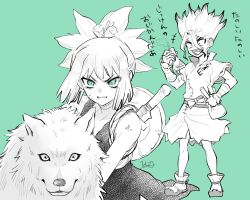  1girl animal chemistry clenched_teeth commentary_request dog dr._stone dress e=mc2_(equation) facial_mark flower food green_background green_eyes greyscale_with_colored_background ishigami_senkuu kohaku_(dr._stone) laughing looking_at_viewer male_focus monochrome multicolored_hair ninomae_gin open_mouth ponytail pouch scratches signature simple_background smile spiky_hair sword teeth weapon weapon_on_back wolf 