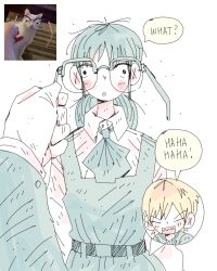  1boy 1girl asa_(mononoke) blonde_hair blush_stickers chainsaw_man closed_eyes collared_shirt commentary confused denji_(chainsaw_man) dress english_commentary english_text fourth_east_high_school_uniform glasses highres holding holding_removed_eyewear kajiuna laughing long_hair low_twintails mitaka_asa mixed-language_commentary open_mouth pale_color photo_inset pinafore_dress pov pov_hands reference_inset school_uniform semi-rimless_eyewear sharp_teeth shirt short_hair simple_background sketch sleeveless sleeveless_dress speech_bubble teeth twintails unworn_eyewear wall-eyed white_background 