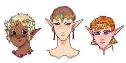  3girls alternate_hair_length alternate_hairstyle alternate_skin_color blonde_hair blue_eyes blush brown_hair buzz_cut closed_mouth commentary cropped_head dark-skinned_female dark_skin darkened_skin earrings english_commentary eyelashes eyeshadow guindowlyn headpiece jewelry lips lipstick makeup multiple_girls multiple_persona orange_hair pixie_cut pointy_ears princess_zelda short_hair simple_background smile the_legend_of_zelda the_legend_of_zelda:_ocarina_of_time the_legend_of_zelda:_the_wind_waker the_legend_of_zelda:_twilight_princess tiara very_short_hair white_background 