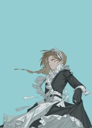  1boy apron black_dress black_gloves blue_background blue_eyes braid brown_hair bw_sekai crossdressing crossdressing_(mtf) dress expressionless frilled_apron frilled_dress frills gloves hashtag-only_commentary highres kanae_(19th_costume)_(nijisanji) kanae_(nijisanji) long_hair long_sleeves maid maid_apron maid_headdress male_focus male_maid mole mole_under_eye nijisanji official_alternate_costume simple_background single_braid sleeve_cuffs solo trap virtual_youtuber white_apron 