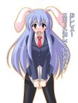  blush bunny_ears covering covering_crotch long_hair necktie niku_soukyuu no_pants no_skirt pantyhose purple_hair rabbit_ears red_eyes reisen_udongein_inaba shirt_tug tears touhou translated 