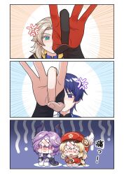  1girl 3boys :t ahoge albedo_(genshin_impact) anger_vein aqua_eyes backpack bag bandaid bandaid_on_face bandaid_on_forehead black_bridal_gauntlets black_coat black_gloves black_horns blonde_hair bloomers blunt_ends blush boots bridal_gauntlets bright_pupils brown_bag brown_boots brown_gloves brown_scarf closed_mouth coat coattails collar colored_eyelashes crossed_bandaids crying crying_with_eyes_open curtained_hair dodoco_(genshin_impact) dragon_boy dragon_horns dress emphasis_lines fingernails gem genshin_impact gloves gold_ring googly_eyes hand_up hands_on_own_thighs hat hat_feather heart-shaped_gem highres horns incoming_forehead_flick index_fingers_together klee_(genshin_impact) long_hair looking_at_viewer low_twintails mandarin_collar middle_ring mini_durin_(genshin_impact) mini_durin_(human)_(genshin_impact) momotomi000 multiple_boys newsboy_cap open_clothes open_coat open_mouth pants pink_eyes pointy_ears pom_pom_(clothes) purple_hair purple_horns randoseru red_dress red_gemstone red_gloves red_hat scaramouche_(genshin_impact) scarf seiza sitting streaming_tears tears tsurime twintails two-sided_gloves two-sided_horns violet_eyes wanderer_(genshin_impact) wavy_eyes white_bloomers white_collar white_gloves white_pants white_pupils 