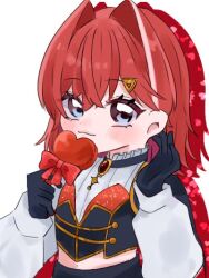  1girl ange_katrina black_gloves black_shirt blue_eyes blush closed_mouth colored_shadow commentary_request crossed_bangs deformed drop_shadow frilled_shirt_collar frills gloves gold_trim hair_intakes hair_ornament hand_on_own_ear hands_up heart holding ichigo_omai layered_shirt long_sleeves looking_at_viewer medium_hair midriff multicolored_hair nijisanji nijisanji_idol_uniform red_hair shadow shirt simple_background smile solo streaked_hair triangle_hair_ornament two-tone_hair upper_body virtual_youtuber white_background white_hair white_shirt 