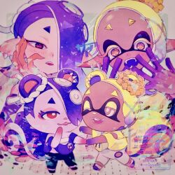  2girls animal_crossing:_new_horizons blonde_hair blue_hair cece_(animal_crossing) cephalopod_eyes colored_extremities colored_eyelashes colored_tongue commentary_request cross-shaped_pupils dark-skinned_female dark_skin earrings fangs frye_(splatoon) gradient_hair hair_ornament hair_over_one_eye hand_on_own_cheek hand_on_own_face hands_up horizontal_pupils jewelry long_eyelashes long_pointy_ears medium_hair multicolored_hair multiple_earrings multiple_girls one_eye_covered open_mouth pointy_ears purple_hair purple_tongue red_eyes saiano shiver_(splatoon) splatoon_(series) splatoon_3 symbol-shaped_pupils tentacle_hair tooth_earrings viche_(animal_crossing) watermark x_hair_ornament yellow_eyes 