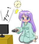  embarrassed hiiragi_kagami lucky_star pajamas purple_hair remote remote_control sweatdrop television 