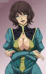  blue_eyes breast_hold breasts brown_hair cleavage curvy erect_nipples glasses gundam gundam_00 large_breasts madhatter_hello open_mouth shirin_bakhtiar short_hair 