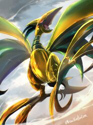  absurdres bird black_eyes black_sclera bo_(bouillustration) colored_sclera colored_skin commentary_request fangs flying gold_skin highres mega_pokemon mega_skarmory metal_skin no_humans open_mouth pokemon pokemon_(creature) pokemon_focus red_eyes red_sclera sharp_teeth skarmory sky talons teeth wings 