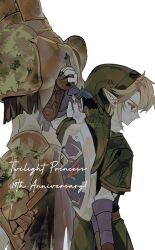  2boys a15179222 back-to-back blonde_hair closed_mouth commentary_request copyright_name green_hat green_tunic hat hero's_shade highres hylian_shield link looking_at_viewer male_focus master_sword multiple_boys pointy_ears shield sidelocks simple_background skeleton standing the_legend_of_zelda the_legend_of_zelda:_twilight_princess tunic white_background 