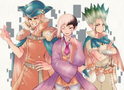  3boys asagiri_gen asymmetrical_hair bandaged_arm bandages belt black_hair blonde_hair blue_cape blue_eyes bow bowtie cape coat collarbone commentary_request crossed_arms dr._stone e=mc2_(equation) facial_mark finger_to_mouth gradient_hair green_hair grin hand_on_own_hip hat highres ishigami_senkuu japanese_clothes kimono looking_at_viewer male_focus medium_hair multicolored_hair multiple_boys nanami_ryuusui necktie ninomae_gin number_on_cheek one_eye_closed pants pink_bow pink_bowtie pirate pirate_hat pouch purple_kimono red_eyes short_hair signature simple_background smile spiky_hair split-color_hair two-tone_hair white_belt white_hair white_pants 