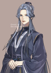  1girl blue_eyes blue_hair blue_hanfu brown_background chinese_clothes eyelashes hair_bun hanfu highres ling_wen long_hair long_sleeves looking_at_viewer own_hands_together parted_lips ponytail sidelocks simple_background single_hair_bun solo tassel tianguan_cifu twitter_username upper_body very_long_hair watermark wide_sleeves xiao_guan_(headdress) yaopei ykmr_(haga) 