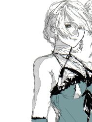  1girl bandaged_arm bandaged_neck bandages blue_negligee blue_sleeves braid braided_hair_rings breasts brown_eyes closed_mouth commentary_request flower hair_flower hair_ornament hair_over_one_eye hair_rings highres kaine_(nier) medium_breasts miramintkurun negligee nier_(series) single_bare_shoulder solo under_boob upper_body white_background white_hair 