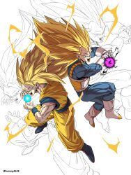  2boys absurdres armor blonde_hair blue_bodysuit blue_boots blue_sash blue_shirt bodysuit boots commentary_request dougi dragon_ball dragon_ball_daima dragon_ball_z electricity energy_ball food full_body galick_gun gloves green_eyes highres horang4628 kamehameha_(dragon_ball) korean_commentary long_hair male_focus multiple_boys no_eyebrows open_mouth orange_pants orange_shirt pants powering_up saiyan_armor sash shirt son_goku spiky_hair super_saiyan super_saiyan_3 twitter_username vegeta white_armor white_background white_boots white_gloves zoom_layer 