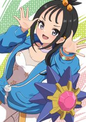  1girl absurdres black_hair blue_hoodie breasts commentary_request cube_hair_ornament earclip gem grey_eyes hair_ornament highres hood hood_down hoodie jacket lida_(pokemon) long_hair long_sleeves looking_at_viewer mega_ring mega_stone no_eyes open_mouth pokemon pokemon_(creature) pokemon_legends:_z-a red_gemstone rono_(lethys) shirt smile starfish starmie topknot 