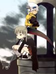  bored brown_hair maka_albarn maka_arubaan plaid plaid_skirt sasami_(artist) scythe skirt soul_eater soul_eater_(character) squat squatting tartan twintails 