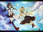  bad_id bandages black_hair bridal_gauntlets detached_sleeves flying geta hat hina_(pico) hina_(pixiv) inubashiri_momiji ribbon ribbons shameimaru_aya short_hair skirt tail tengu-geta tokin_hat touhou white_hair wings wolf_ears wolf_tail 