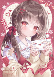  1girl blush bow breasts brown_hair candy candy_cane cardigan closed_mouth collared_shirt commentary_request food frilled_shirt_collar frills gingerbread_man hair_between_eyes hair_bow hair_ornament heart highres holding holding_letter kohinata_hoshimi letter long_hair long_sleeves looking_at_viewer original red_bow red_eyes red_ribbon red_sweater_vest ribbon round_collar shirt smile snowman solo sweater_vest twintails upper_body white_shirt x_hair_ornament 
