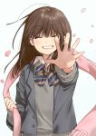  1girl bangs blazer blush bow bowtie brown_hair closed_eyes falling_petals grin highres jacket kawai_makoto long_sleeves open_hand original outstretched_arm pink_scarf reaching_out scarf school_uniform smile solo spread_fingers sweater upper_body 
