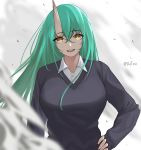  1girl :d alternate_costume arknights bangs breasts casual collared_shirt commentary_request crossed_legs dress_shirt dutou eyebrows_visible_through_hair green_hair grey_sweater hair_between_eyes hand_on_hip highres horn hoshiguma_(arknights) large_breasts long_hair long_sleeves looking_at_viewer oni_horn open_mouth scar shirt skin-covered_horns smile sweater white_shirt yellow_eyes 