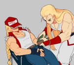  2boys andy_bogard armband artist_name blonde_hair braided_ponytail covered_eyes denim fatal_fury fatal_fury_cap fingerless_gloves gloves jacket jeans long_hair multiple_boys pants regiusfurca sleeveless terry_bogard theft wallet 