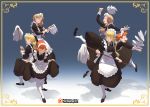 3girls annette_fantine_dominic blonde_hair bow closed_eyes closed_mouth fire_emblem fire_emblem:_three_houses from_side green_eyes green_little hair_bow holding ingrid_brandl_galatea long_hair long_sleeves low_ponytail maid maid_headdress mercedes_von_martritz mop multiple_girls open_mouth orange_hair plate simple_background twintails watermark web_address white_legwear 