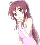  1girl bangs bare_shoulders breasts camisole closed_mouth commentary eyebrows_visible_through_hair finger_to_mouth highres index_finger_raised long_hair looking_at_viewer mesushio ponytail purple_hair purple_shirt shadow shirt simple_background sleeveless sleeveless_shirt small_breasts smile solo spaghetti_strap standing sugiura_ayano upper_body very_long_hair violet_eyes white_background yuru_yuri 