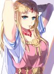  1girl armpits arms_behind_head blonde_hair blue_eyes blush breasts closed_mouth cowboy_shot dress earrings hair_ornament hair_tie_in_mouth highres jewelry long_hair looking_at_viewer mouth_hold pointy_ears princess_zelda smile solo super_smash_bros. sweat the_legend_of_zelda the_legend_of_zelda:_a_link_between_worlds tiara tomas_(kaosu22) triforce tying_hair upper_body 
