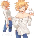  1boy blonde_hair blue_pants contrapposto elf green_eyes hand_on_hip ishuzoku_reviewers komiya_harumoto looking_at_viewer male_focus money_gesture off_shoulder pants pointy_ears shirt simple_background solo white_background white_shirt zel_(ishuzoku_reviewers) 