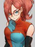  1girl alternate_hairstyle android_21 blue_eyes breasts checkered checkered_dress dragon_ball dragon_ball_fighterz dress earrings glasses grey_background hair_between_eyes hoop_earrings jewelry kemachiku looking_at_viewer medium_breasts ponytail redhead simple_background solo upper_body 