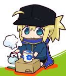  1girl ahoge amazon_(company) artoria_pendragon_(all) baseball_cap black_headwear black_legwear black_shorts blonde_hair blue_eyes blue_jacket blue_scarf blush box brand_name_imitation cardboard_box chibi chopsticks closed_mouth commentary_request fate/grand_order fate_(series) full_body hair_through_headwear hat holding jacket kasuga_yuuki kettle kneehighs long_hair long_sleeves mouth_hold mysterious_heroine_x ponytail ramen scarf shorts sidelocks sitting solo steam track_jacket wariza wristband 