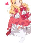  1girl :o absurdres blonde_hair blush bow brown_hair commentary_request dress dress_lift drill_hair eromanga_sensei garter_straps hairband heart highres leg_up lolita_fashion long_hair looking_at_viewer ogipote pink_dress pointy_ears red_bow simple_background skirt skirt_lift solo standing standing_on_one_leg thigh-highs twin_drills white_background white_legwear yamada_elf 