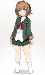  1girl black_ribbon blue_eyes brown_hair candy food full_body green_jacket green_sailor_collar green_skirt hachijou_(kantai_collection) hair_ribbon highres jacket kantai_collection kneehighs lollipop long_sleeves neck_ribbon pleated_skirt red_ribbon ribbon ryuun_(stiil) sailor_collar school_uniform serafuku short_hair skirt solo standing white_legwear 