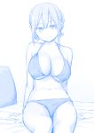  1girl bare_arms bare_shoulders bikini blue_theme breasts closed_mouth getsuyoubi_no_tawawa hair_between_eyes hair_ornament head_tilt himura_kiseki large_breasts looking_at_viewer monochrome pillow sidelocks simple_background sitting smile solo swimsuit white_background 