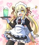  1girl alternate_costume aoba_(akibajun) apron black_dress black_legwear blonde_hair commentary_request cowboy_shot dated dress drink enmaided fang frilled_apron frilled_dress frills glass heart heart_background highres kantai_collection long_hair maid one_eye_closed open_mouth pink_background satsuki_(kantai_collection) skin_fang smile solo standing thigh-highs tray twintails twitter_username waitress white_apron yellow_eyes 