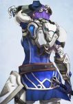  1girl absurdres alternate_costume alternate_hair_color alternate_hair_length alternate_hairstyle belt blue_gloves blue_tunic brigitte_(overwatch) commentary english_commentary faulds from_behind gloves goat_brigitte goat_horns highres holding holding_weapon mace monori_rogue overwatch pauldrons purple_hair solo tunic weapon 