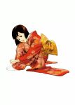  1girl black_hair brown_eyes fetal_position floral_print fujiwara_chiyoko furisode highres japanese_clothes kimono kon_satoshi mole mole_under_eye obi official_art sash sennen_joyuu short_hair simple_background sitting solo tabi white_background 