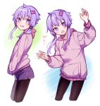  /\/\/\ ai_kusunoki claw_pose commentary cowboy_shot from_side hair_ornament hair_tubes hairclip hands_in_pockets hands_up head_tilt hood hoodie leaning_to_the_side looking_at_viewer multiple_views open_mouth pantyhose purple_hair purple_hoodie purple_shorts short_hair_with_long_locks short_shorts shorts sidelocks smile standing translated v-shaped_eyebrows violet_eyes vocaloid voiceroid yuzuki_yukari 