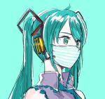  1girl aqua_background aqua_eyes aqua_hair aqua_neckwear bare_shoulders commentary english_commentary grey_shirt hair_ornament hatsune_miku headphones headset highres long_hair looking_to_the_side mask mayo_riyo mixed-language_commentary mouth_mask necktie portrait shirt sketch sleeveless sleeveless_shirt solo striped twintails vocaloid 